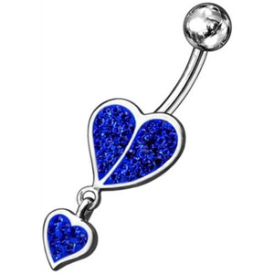 Fancy Loop Heart Silver Dangling Belly Ring With SS Banana Bar - Dark Blue