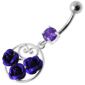Fancy Multi Jeweled  ROSES Dangling Banana Bar Belly Ring - Purple