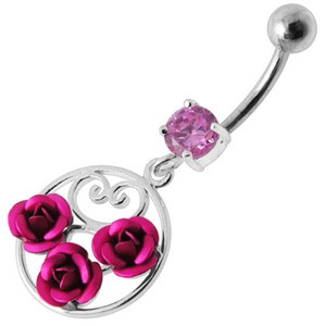 Fancy Multi Jeweled  ROSES Dangling Banana Bar Belly Ring - Pink