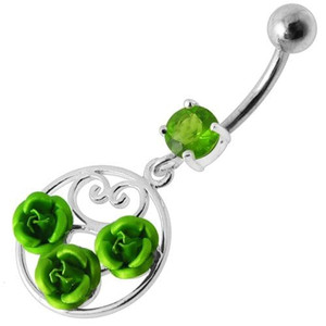 Fancy Multi Jeweled  ROSES Dangling Banana Bar Belly Ring - Peridot