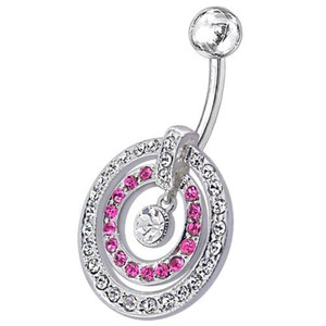 Fancy Multi Stone Jeweled Circle Dangling Belly Navel Ring Body Jewelry - Pink