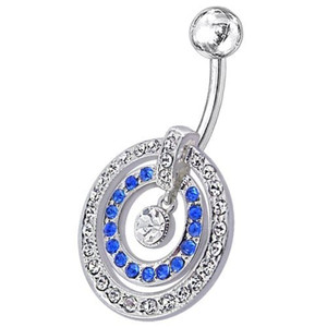 Fancy Multi Stone Jeweled Circle Dangling Belly Navel Ring Body Jewelry - Dark Blue