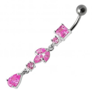 Fancy Multi Stone Jeweled Dangling Banana Bar Belly Button Ring - Pink