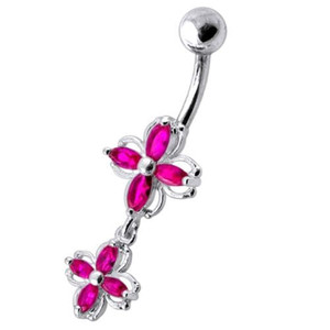 Fancy Silver Dangling  Jeweled SS Banana Navel Ring - Red