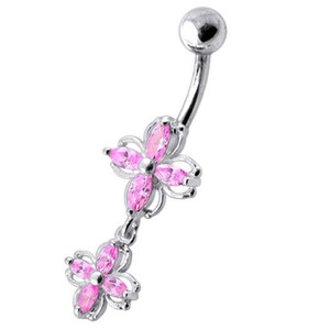 Fancy Silver Dangling  Jeweled SS Banana Navel Ring - Pink