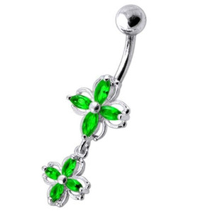 Fancy Silver Dangling  Jeweled SS Banana Navel Ring - Emerald