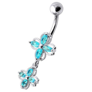 Fancy Silver Dangling  Jeweled SS Banana Navel Ring - Aqua