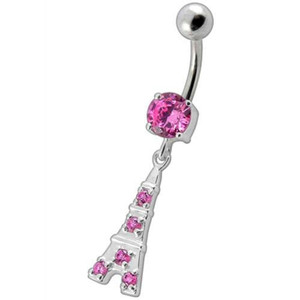 Fancy Jeweled "Eiffel Tower" Dangling Belly Ring - Pink