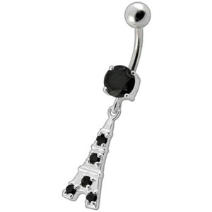 Fancy Jeweled "Eiffel Tower" Dangling Belly Ring - black