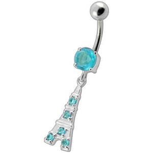 Fancy Jeweled "Eiffel Tower" Dangling Belly Ring - Aqua