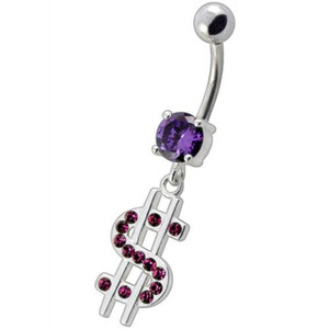 Fancy Jeweled $ Sign Dangling Belly Ring - Purple