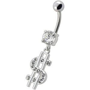 Fancy Jeweled $ Sign Dangling Belly Ring - Clear