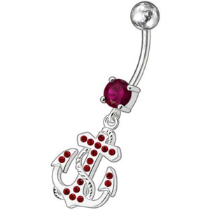 Fancy Jeweled Anchor And Cross Dangling Curved Belly Ring - Red