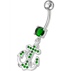 Fancy Jeweled Anchor And Cross Dangling Curved Belly Ring - Emerald