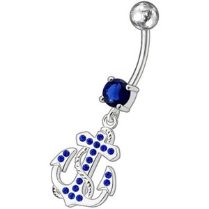 Fancy Jeweled Anchor And Cross Dangling Curved Belly Ring - Dark Blue