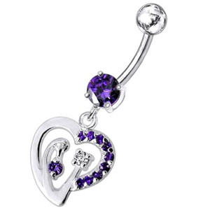 Fancy Single Jeweled Heart Dangling Belly Ring - Purple