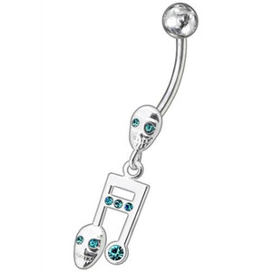 Fancy Skeleton Jeweled Dangling SS Bar Belly Ring  - Aqua