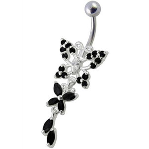 Fancy Jeweled Butterfly Dangling Navel Ring - black