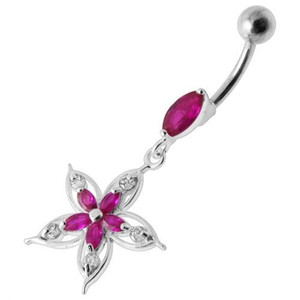 Fancy Star Jeweled Silver Dangling Belly Ring - Red