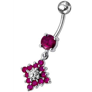 Flower Belly Navel Ring Fancy CZ Gemmed Dangle Button - Red