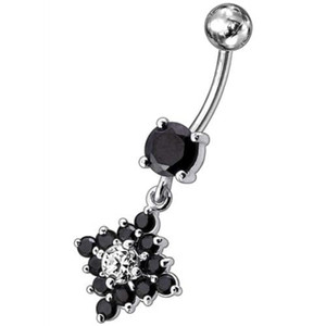 Flower Belly Navel Ring Fancy CZ Gemmed Dangle Button - Black
