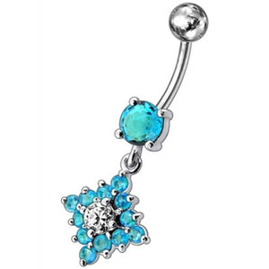 Flower Belly Navel Ring Fancy CZ Gemmed Dangle Button - Aqua