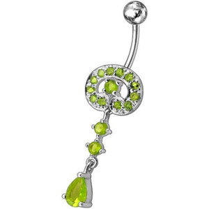 Fancy Vintage Indian Jewelry Jeweled Silver Dangling SS Bar Belly Ring - Peridot