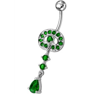 Fancy Vintage Indian Jewelry Jeweled Silver Dangling SS Bar Belly Ring - Emerald