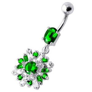 Fancy Vintage Jeweled Dangling SS Bar Navel Ring - Emerald