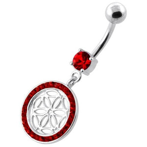Flower Cut out in Multi Jeweled Round Frame navel ring - Red