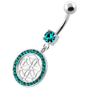 Flower Cut out in Multi Jeweled Round Frame navel ring - Blue Zircon