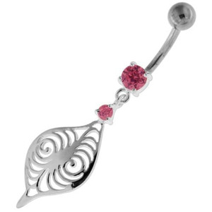 Flower Leaf Jeweled Sterling Silver Navel Belly Button Bar - Pink