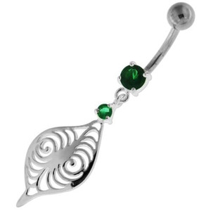 Flower Leaf Jeweled Sterling Silver Navel Belly Button Bar - Emerald