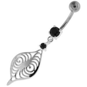 Flower Leaf Jeweled Sterling Silver Navel Belly Button Bar - Black
