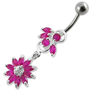Fancy White Stone Jeweled Flower Dangling Navel Ring - Red