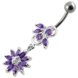 Fancy White Stone Jeweled Flower Dangling Navel Ring - Purple