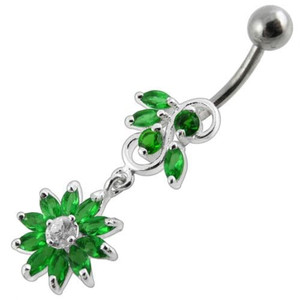 Fancy White Stone Jeweled Flower Dangling Navel Ring - Emerald