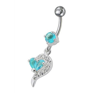 Fancy White Zirconia Jeweled Dangling Banana Bar Navel Ring - Aqua