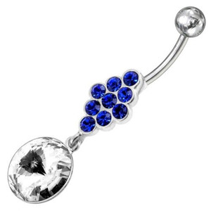Fancy Zirconia Jeweled Dangling SS Bar Belly Ring - Dark Blue