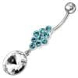 Fancy Zirconia Jeweled Dangling SS Bar Belly Ring - Aqua