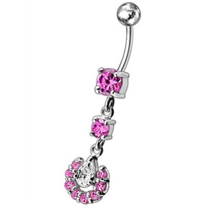 Fancy flowered Silver Dangling Navel Ring - Pink