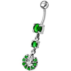 Fancy flowered Silver Dangling Navel Ring - Emerald