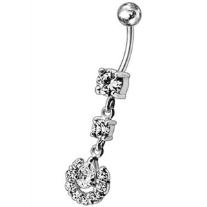 Fancy flowered Silver Dangling Navel Ring - Clear