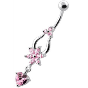 Flower with Heart Dangling Navel Belly Ring - Pink