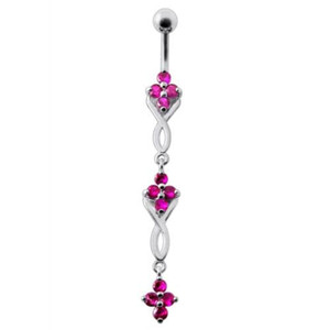Fancy Jeweled Dangling SS Bar Navel Ring Body Jewelry - Red