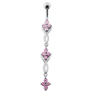 Fancy Jeweled Dangling SS Bar Navel Ring Body Jewelry - Pink
