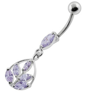 Framed Jeweled Leaf Dangling Navel Belly Piercing - Lavender