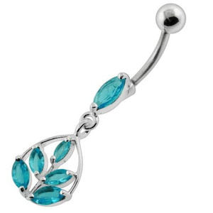 Framed Jeweled Leaf Dangling Navel Belly Piercing - Aqua