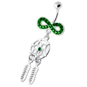 Infinity with Dream catcher Dangling Belly bar - Emerald