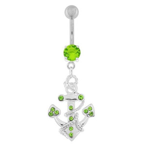 Jeweled Anchor with Rope Dangling Navel Belly Ring - Peridot